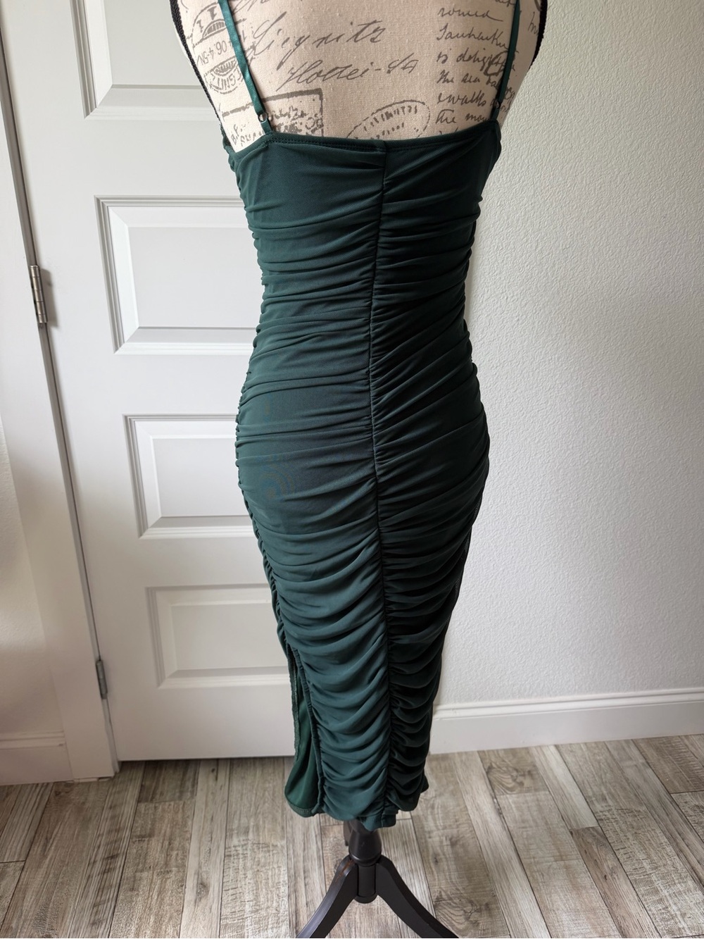 Ruched Dark Green Midi Dress with Spaghetti Straps